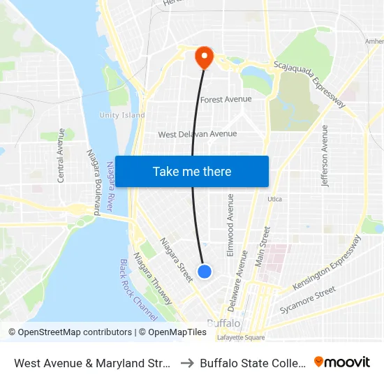 West Avenue & Maryland Street to Buffalo State College map