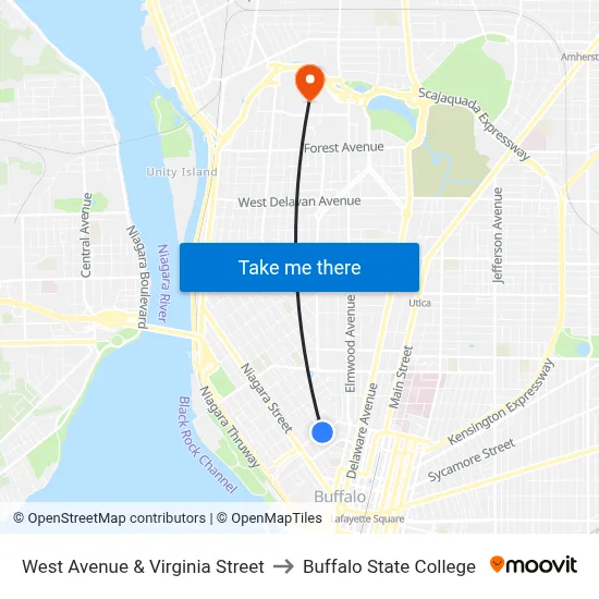 West Avenue & Virginia Street to Buffalo State College map
