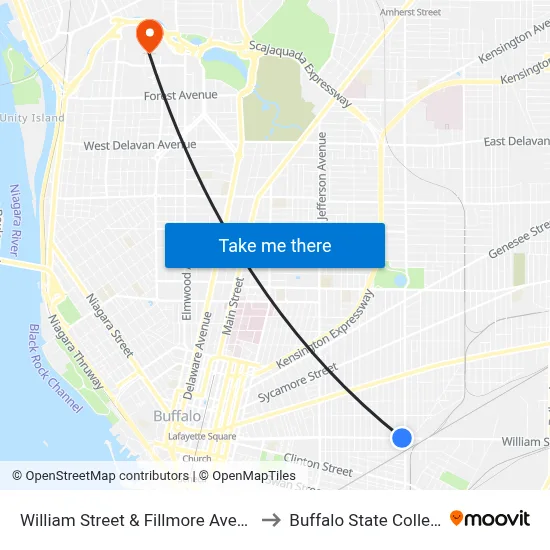 William Street & Fillmore Avenue to Buffalo State College map