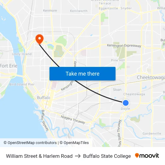 William Street & Harlem Road to Buffalo State College map