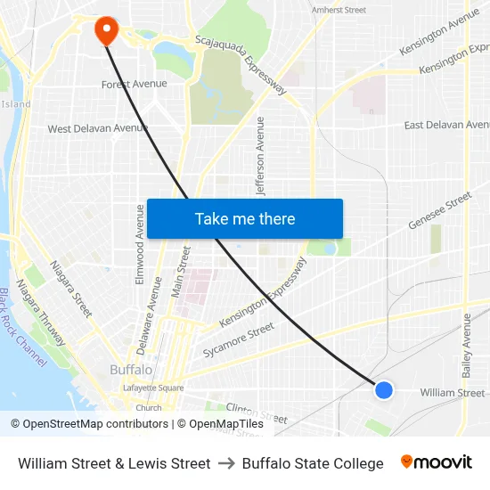 William Street & Lewis Street to Buffalo State College map