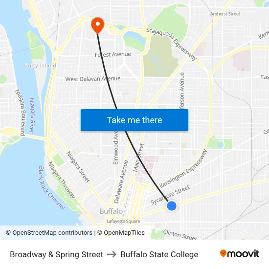 Broadway & Spring Street to Buffalo State College map