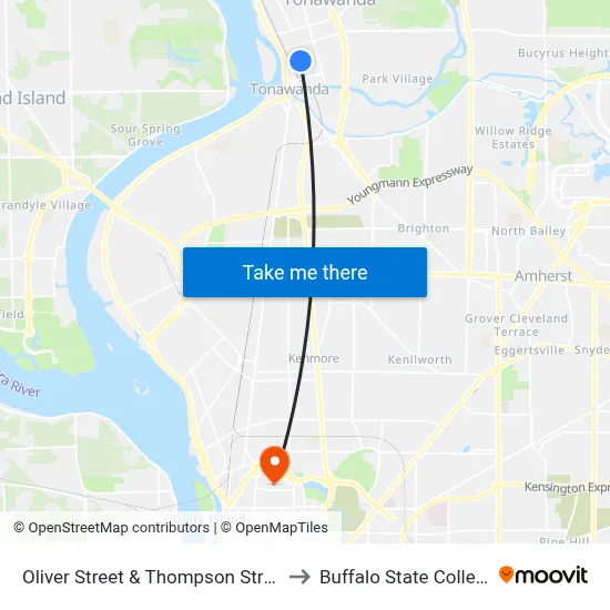 Oliver Street & Thompson Street to Buffalo State College map