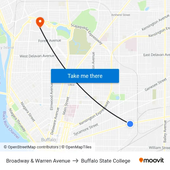 Broadway & Warren Avenue to Buffalo State College map