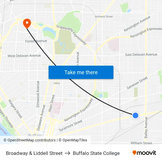 Broadway & Liddell Street to Buffalo State College map