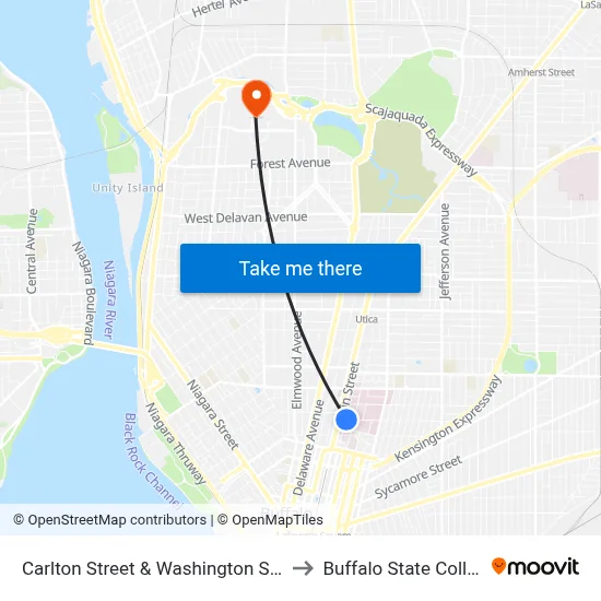 Carlton Street & Washington Street to Buffalo State College map