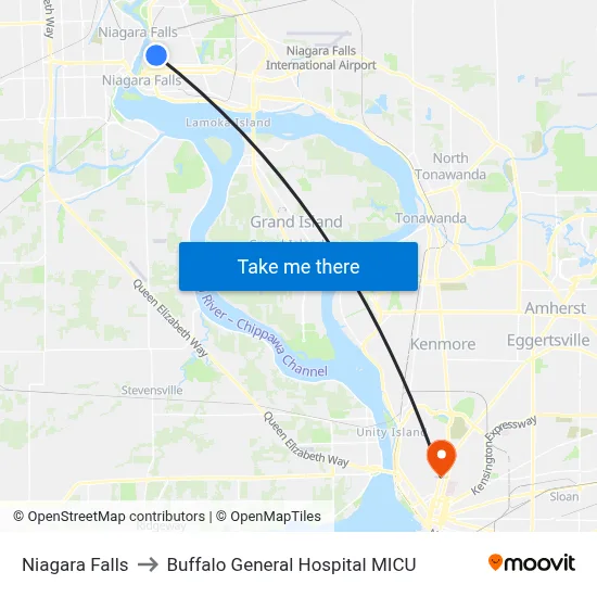 Niagara Falls to Buffalo General Hospital MICU map