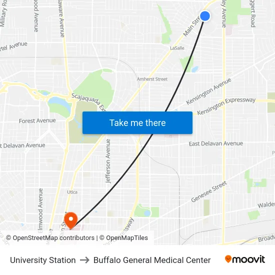 University Station to Buffalo General Medical Center map