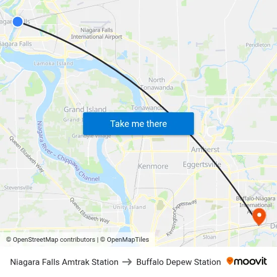 Niagara Falls Amtrak Station to Buffalo Depew Station map