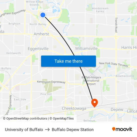 University of Buffalo to Buffalo Depew Station map