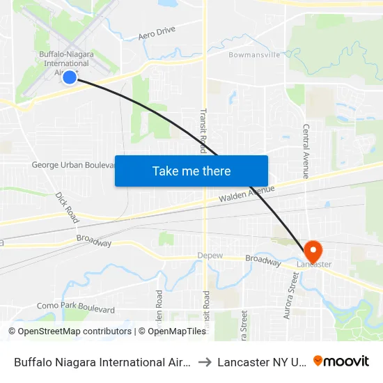 Buffalo Niagara International Airport to Lancaster NY USA map