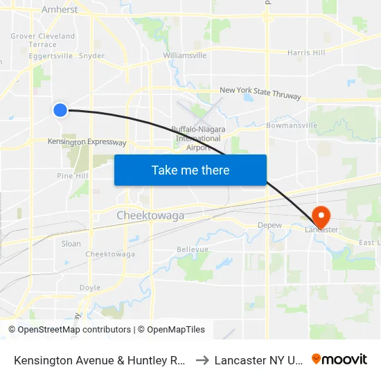 Kensington Avenue & Huntley Road to Lancaster NY USA map