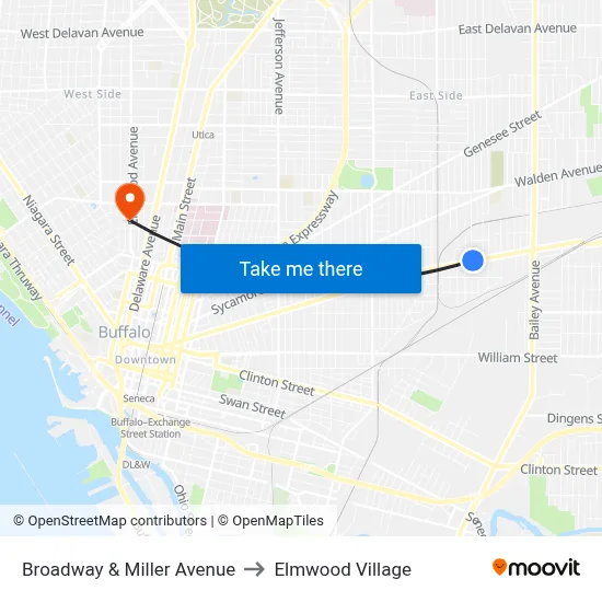 Broadway & Miller Avenue to Elmwood Village map