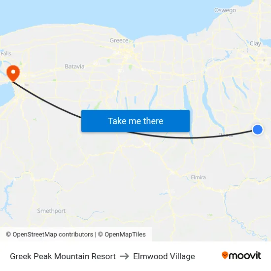 Greek Peak Mountain Resort to Elmwood Village map