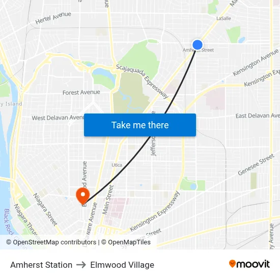 Amherst Station to Elmwood Village map