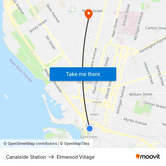 Canalside Station to Elmwood Village map
