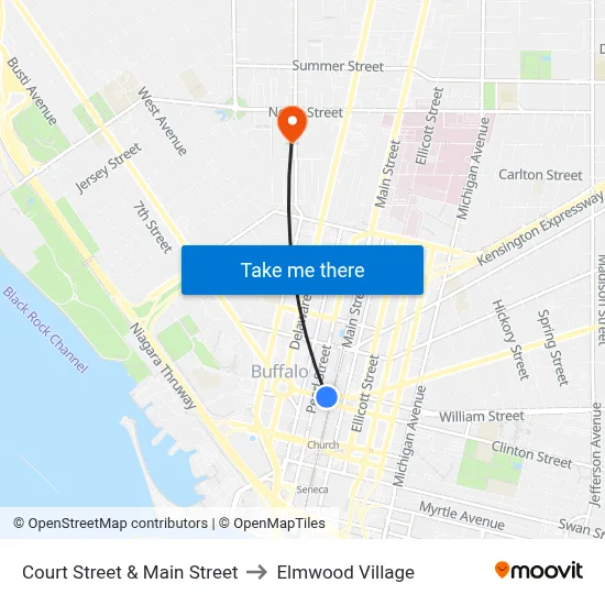 Court Street & Main Street to Elmwood Village map