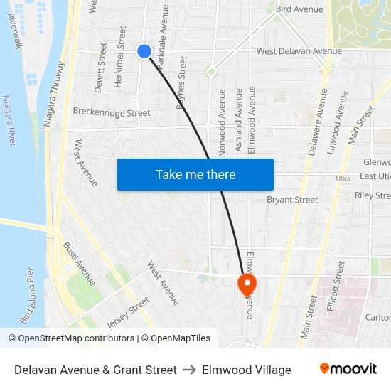 Delavan Avenue & Grant Street to Elmwood Village map