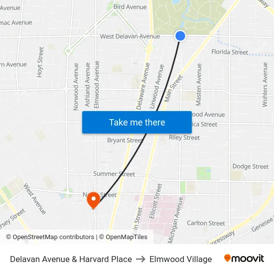 Delavan Avenue & Harvard Place to Elmwood Village map