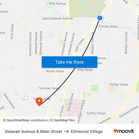 Delavan Avenue & Main Street to Elmwood Village map