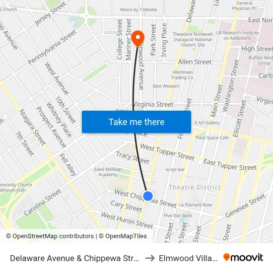 Delaware Avenue & Chippewa Street to Elmwood Village map