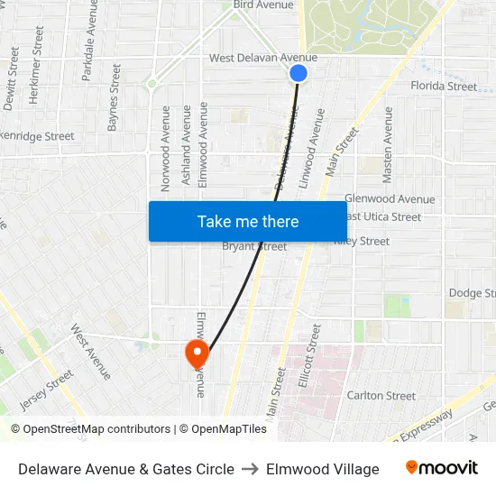 Delaware Avenue & Gates Circle to Elmwood Village map