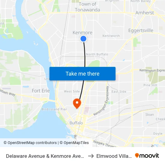 Delaware Avenue & Kenmore Avenue to Elmwood Village map