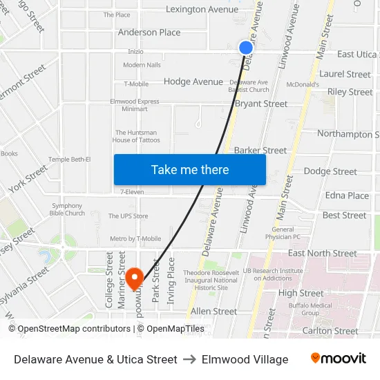 Delaware Avenue & Utica Street to Elmwood Village map