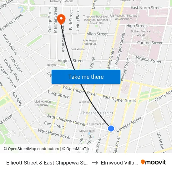 Ellicott Street & East Chippewa Street to Elmwood Village map