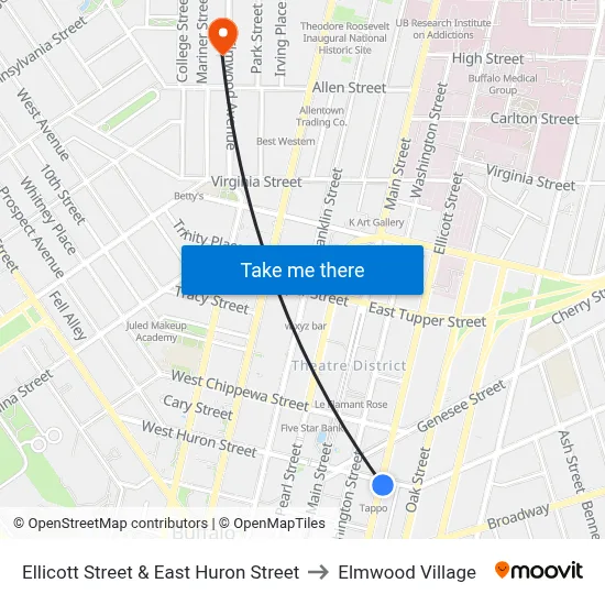 Ellicott Street & East Huron Street to Elmwood Village map