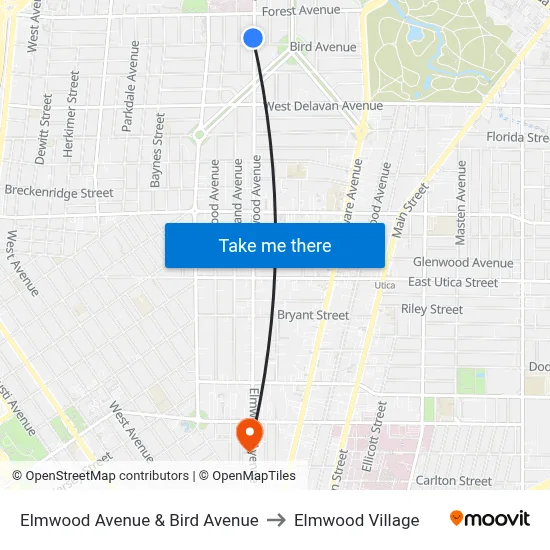 Elmwood Avenue & Bird Avenue to Elmwood Village map