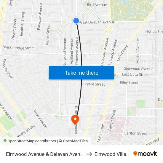 Elmwood Avenue & Delavan Avenue to Elmwood Village map