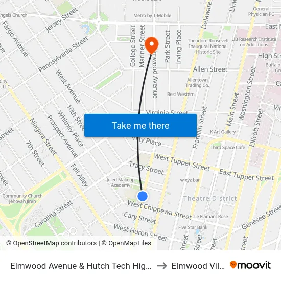 Elmwood Avenue & Hutch Tech High School to Elmwood Village map
