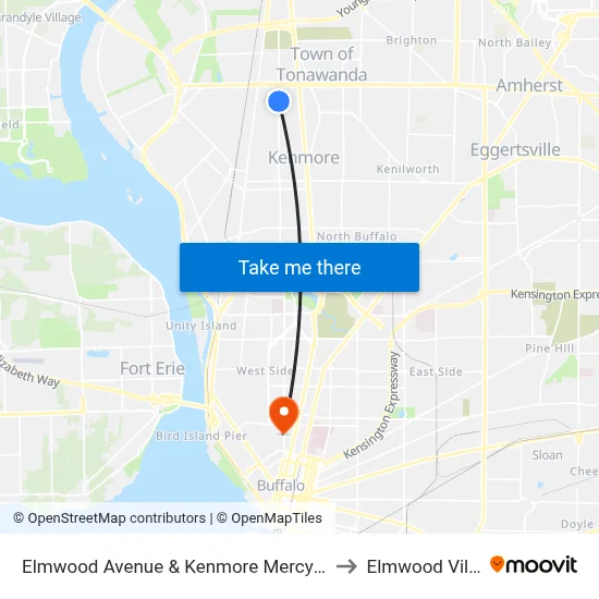Elmwood Avenue & Kenmore Mercy Hospital to Elmwood Village map