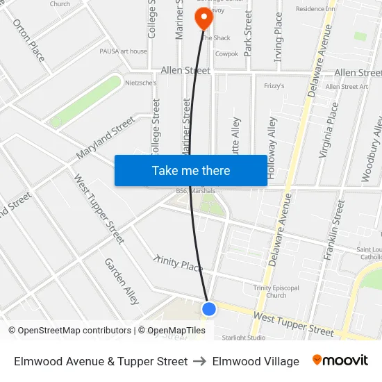 Elmwood Avenue & Tupper Street to Elmwood Village map