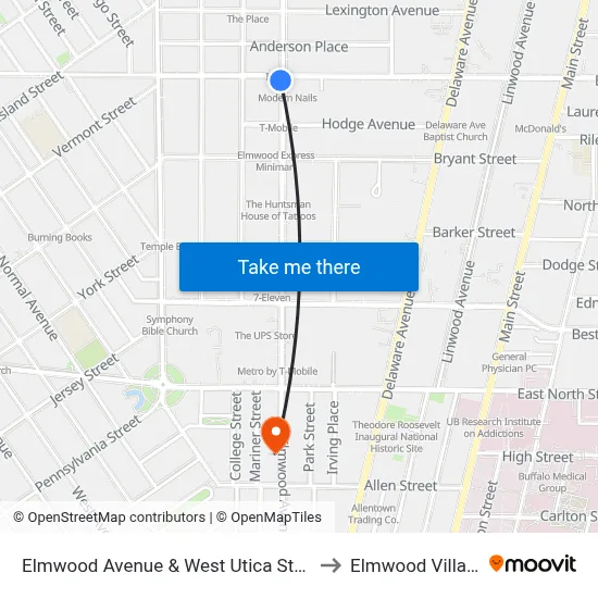 Elmwood Avenue & West Utica Street to Elmwood Village map