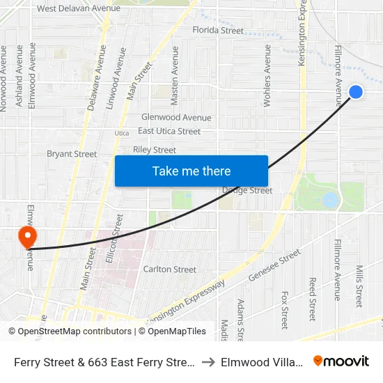 Ferry Street & 663 East Ferry Street to Elmwood Village map