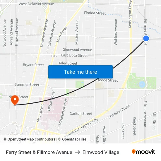 Ferry Street & Fillmore Avenue to Elmwood Village map