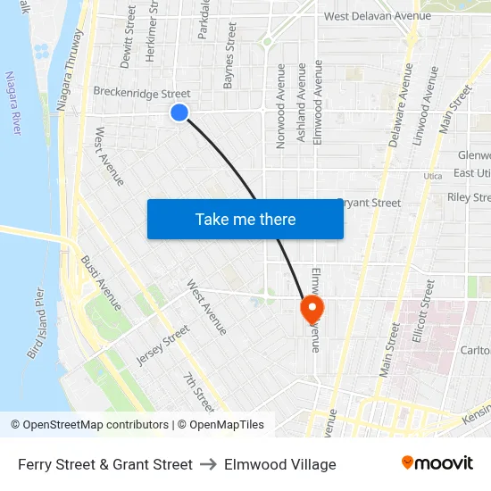 Ferry Street & Grant Street to Elmwood Village map