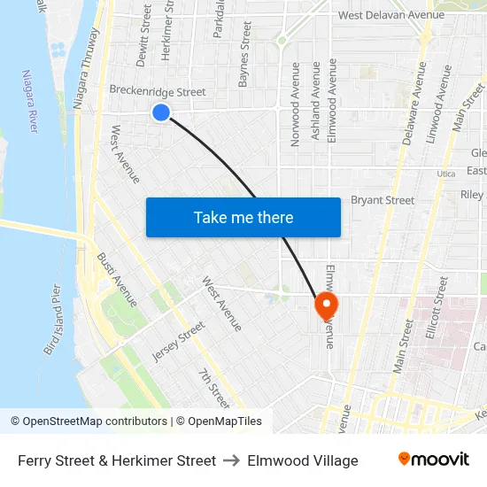 Ferry Street & Herkimer Street to Elmwood Village map