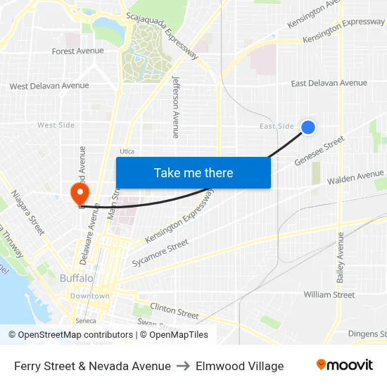 Ferry Street & Nevada Avenue to Elmwood Village map