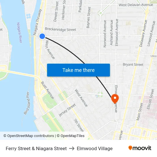 Ferry Street & Niagara Street to Elmwood Village map