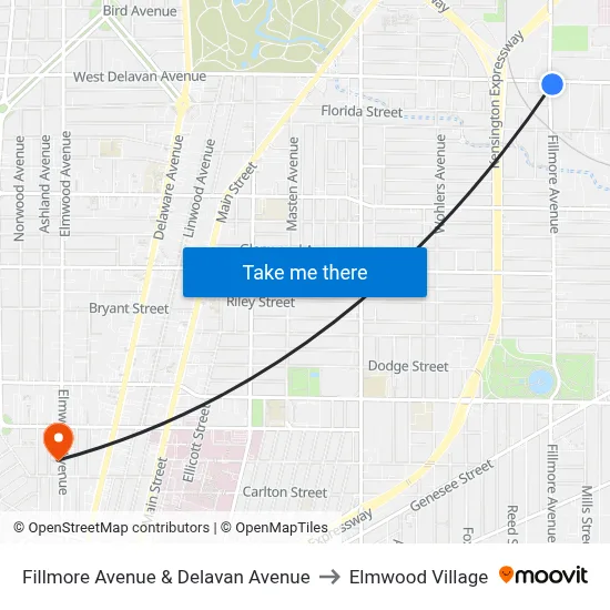 Fillmore Avenue & Delavan Avenue to Elmwood Village map