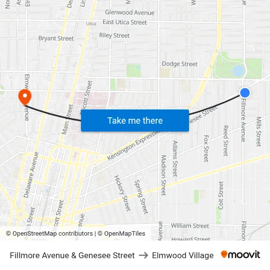 Fillmore Avenue & Genesee Street to Elmwood Village map