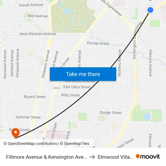 Fillmore Avenue & Kensington Avenue to Elmwood Village map