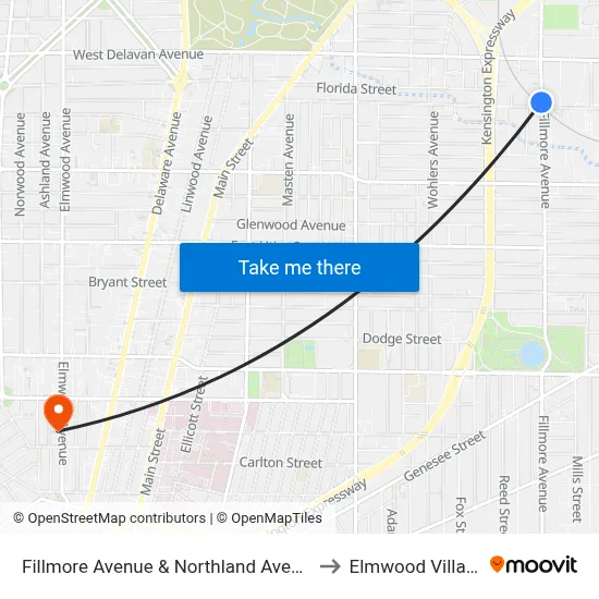 Fillmore Avenue & Northland Avenue to Elmwood Village map