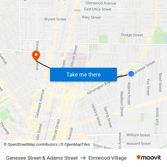 Genesee Street & Adams Street to Elmwood Village map