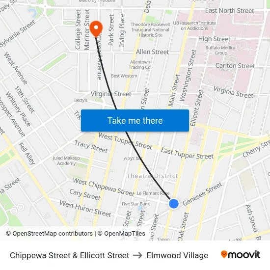Chippewa Street & Ellicott Street to Elmwood Village map