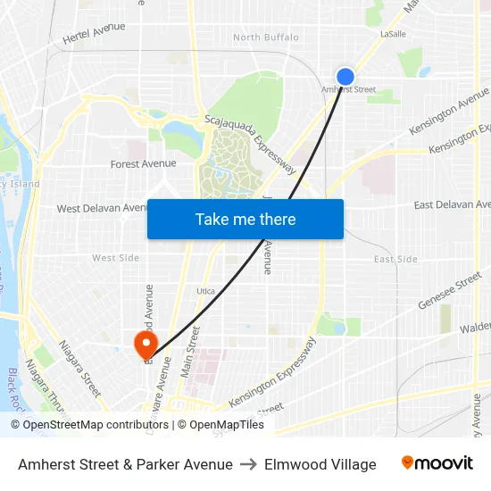 Amherst Street & Parker Avenue to Elmwood Village map