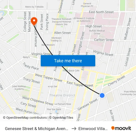 Genesee Street & Michigan Avenue to Elmwood Village map